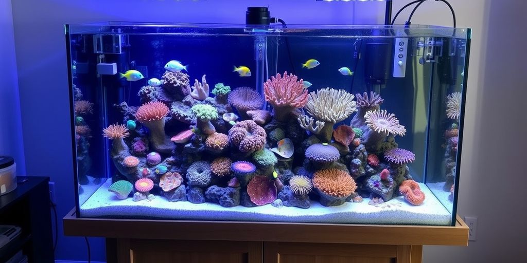 Acuario de agua salada colorido con peces y coral.
