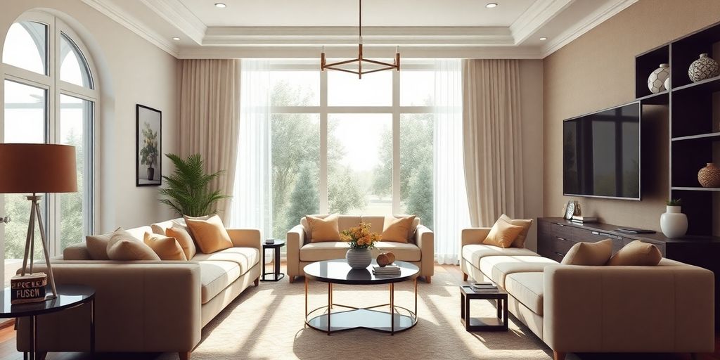 Cozy 3D living room with modern furniture and natural light.