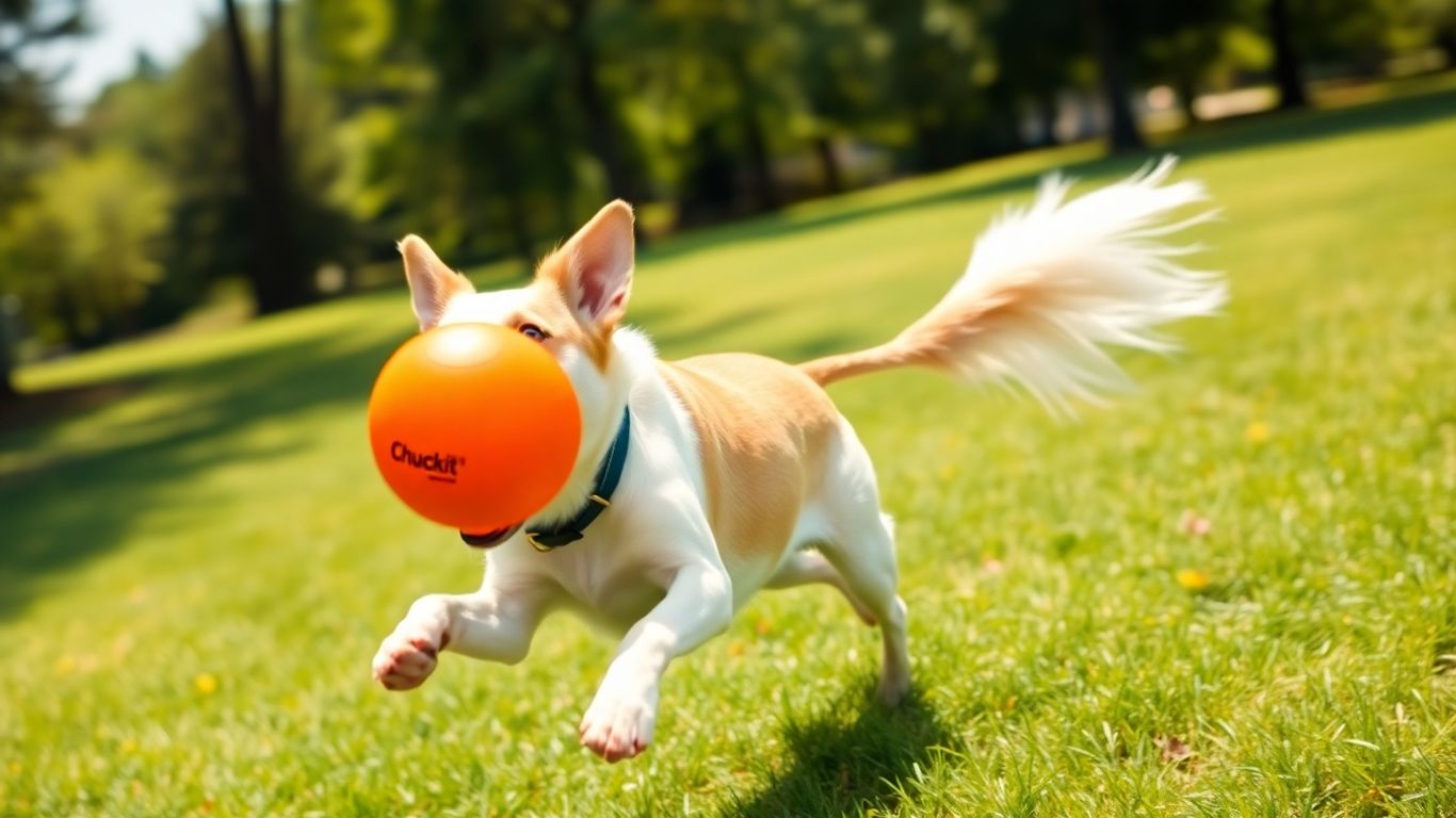 Dog catching Chuckit ball in park