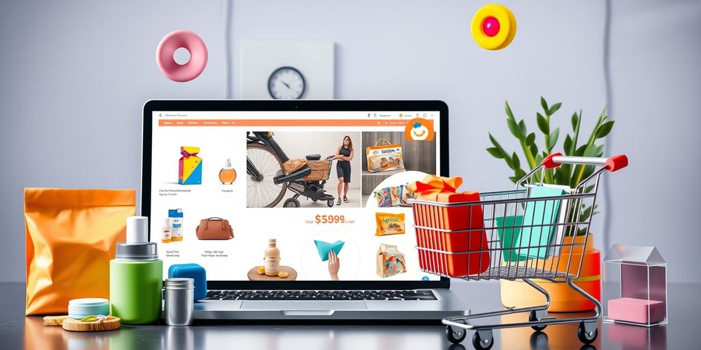 Vibrante Online-Shopping-Szene mit Produkten und Laptop.