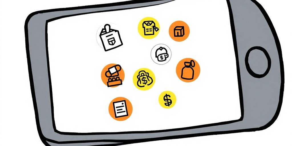 Cartoon hands holding a smartphone with loan icons.