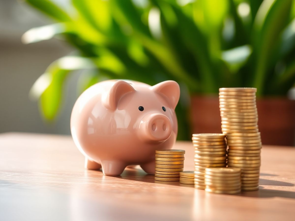 Pusculita, monede aurii stivuite, frunze verzi estompate pe o masa.