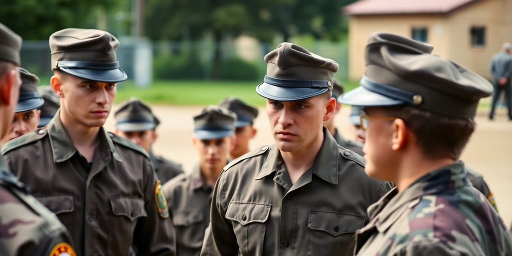 Drill sergeants training recruits outdoors in military setting.