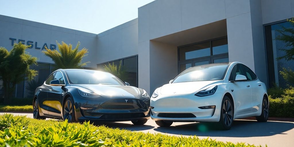 Tesla vehicles parked outside a modern service center.