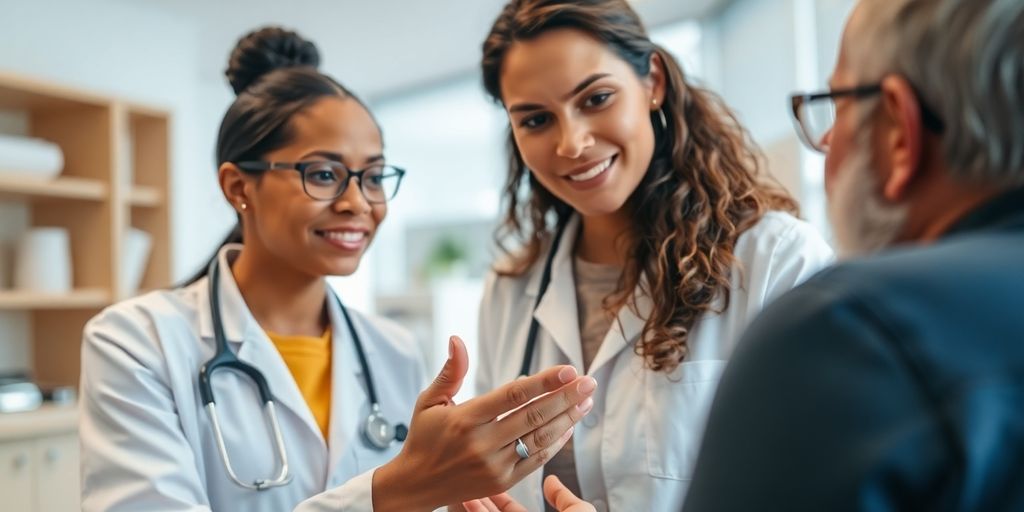 Healthcare professional consulting with a patient about blood sugar.