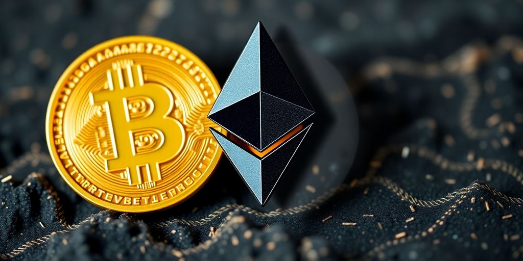Bitcoin and Ethereum logos on a textured digital background.