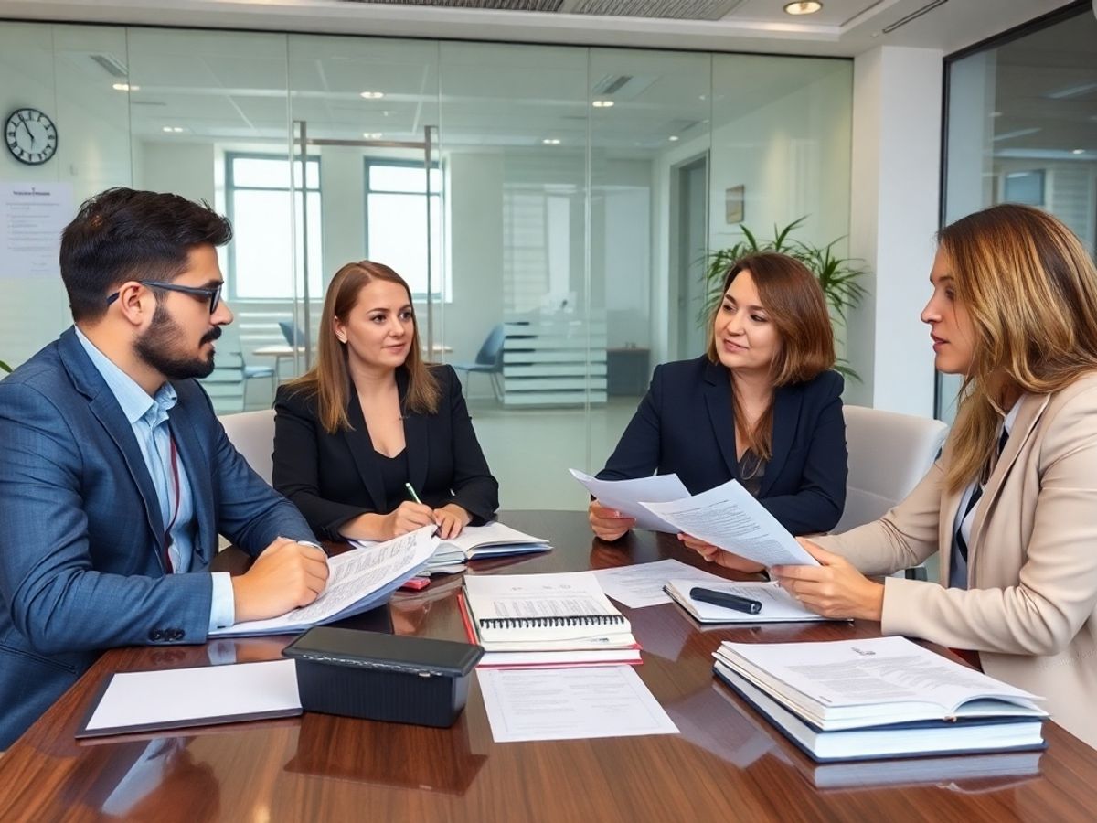 Avocați de business discutând în birou modern.