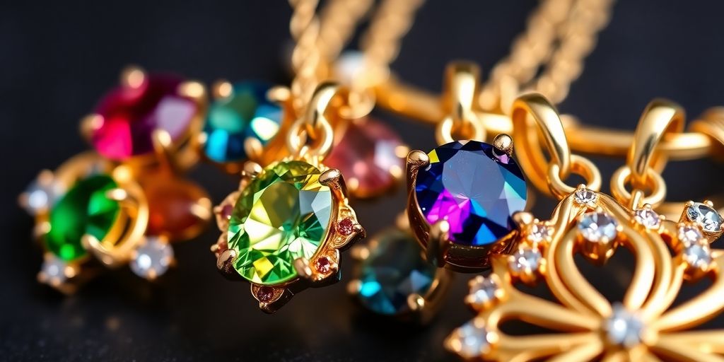 Bijoux en or avec pierres de naissance colorées.