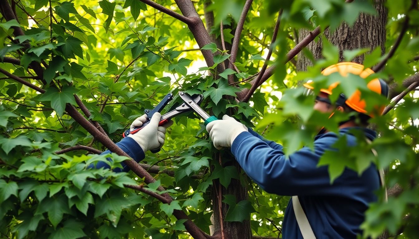 Tree surgeon trimming ivy from a tree in London.