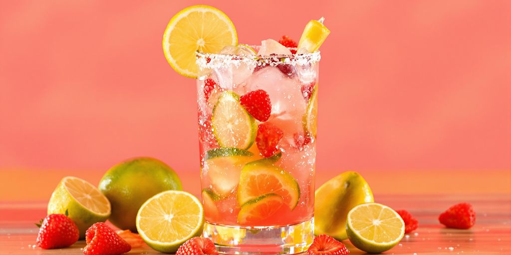 Colorful margarita mocktail with lime and fresh fruit garnish.