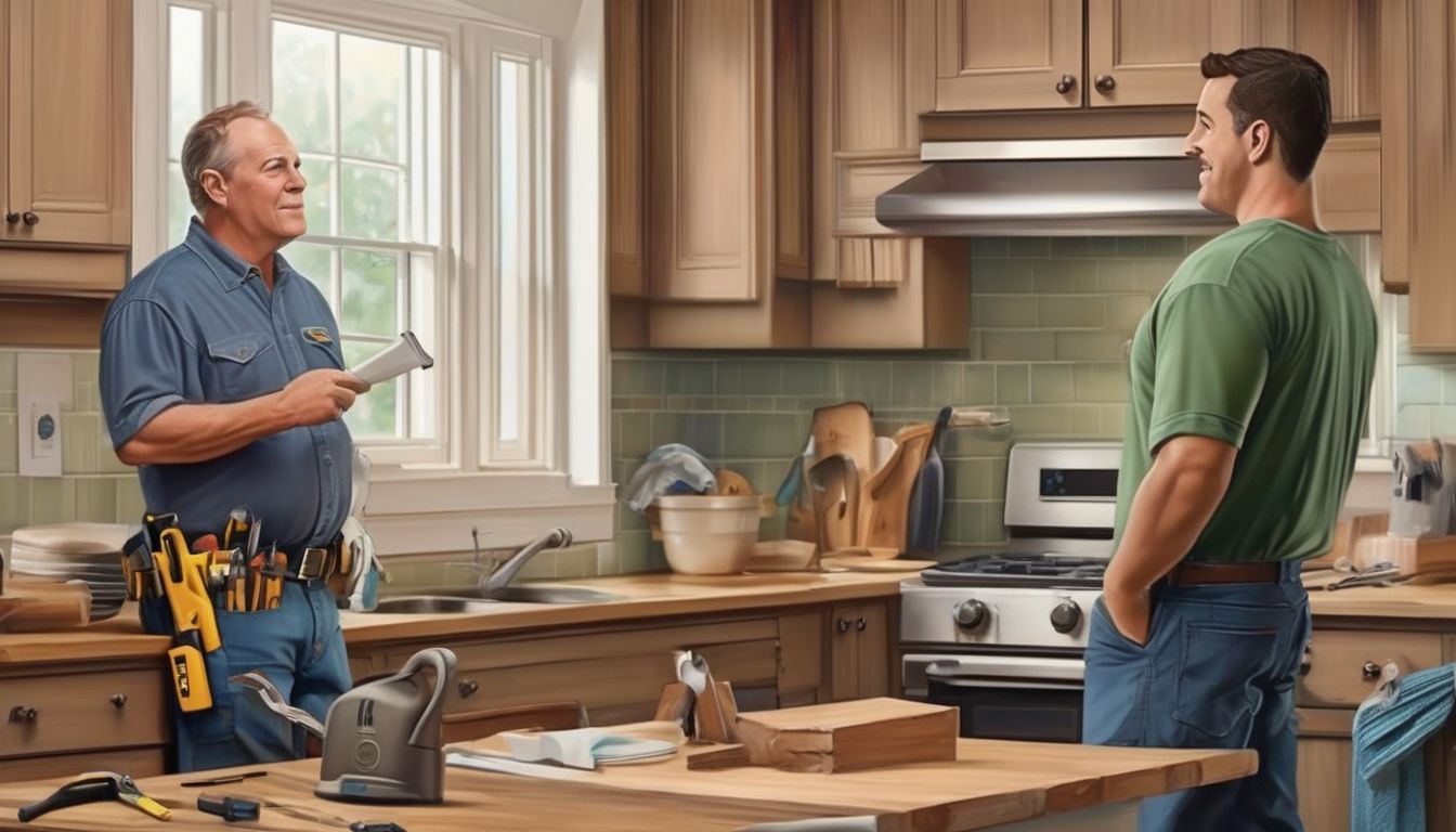 handyman talking with homeowner in a house