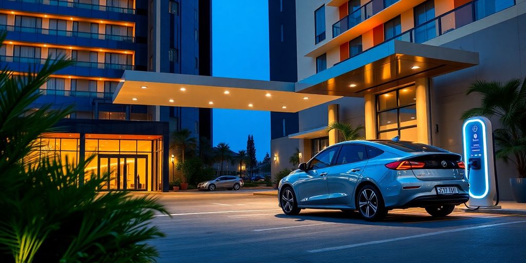 Electric car charging at hotel entrance under glowing exterior lights