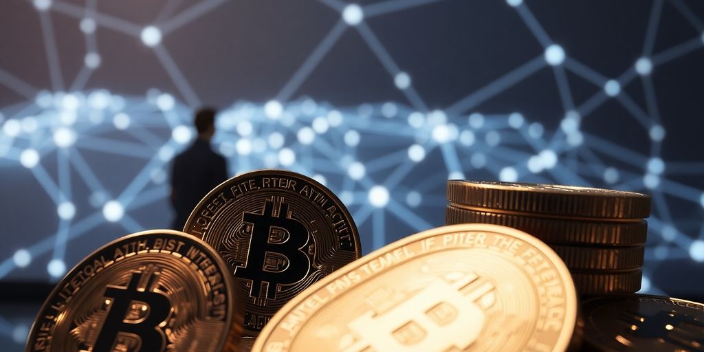 Digital coins with a person observing a glowing network