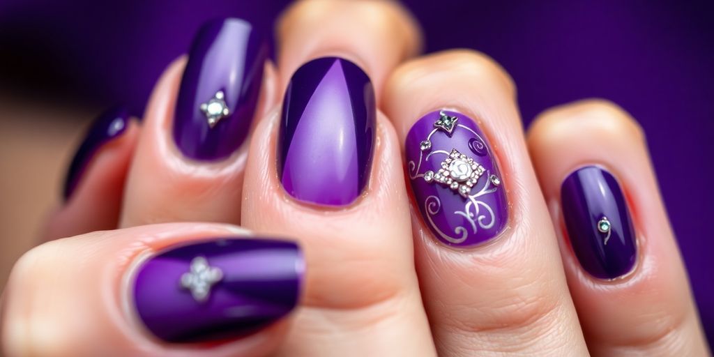 Unhas decoradas em roxo misterioso com designs sofisticados.