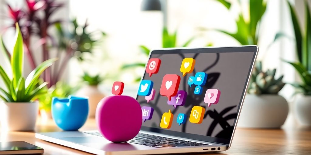 Modern workspace with laptop and smartphone displaying social media.