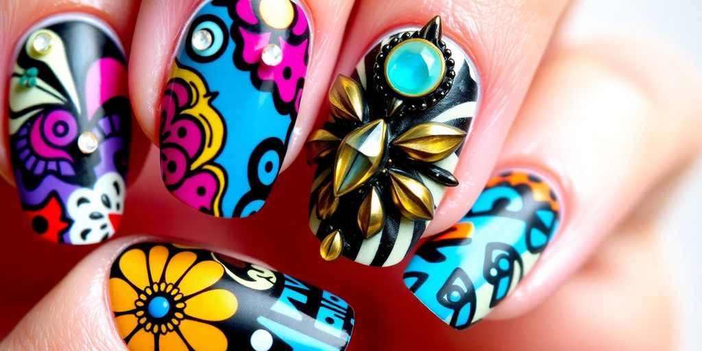 Arte de unhas vibrante com padrões marcantes.