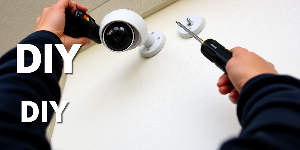 Person installing CCTV camera on a wall.