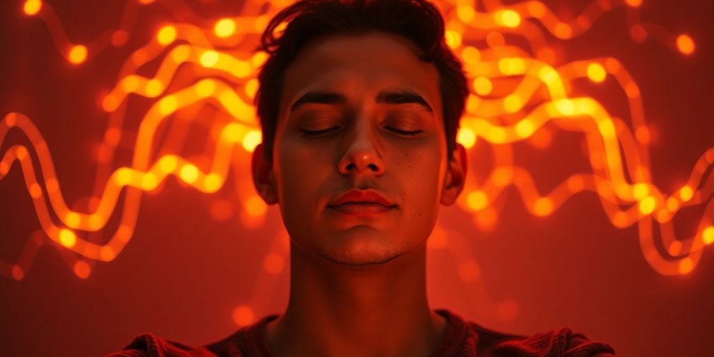 Person meditating with glowing brainwave patterns around them.