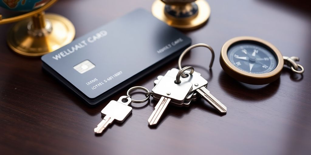 Loyalty card, hotel keys, and travel-themed items on a desk.