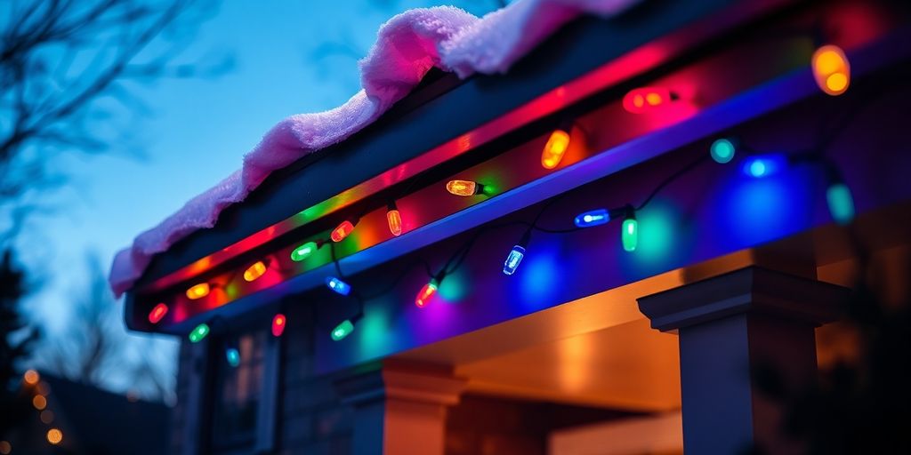 Colorful lights on a house roofline.