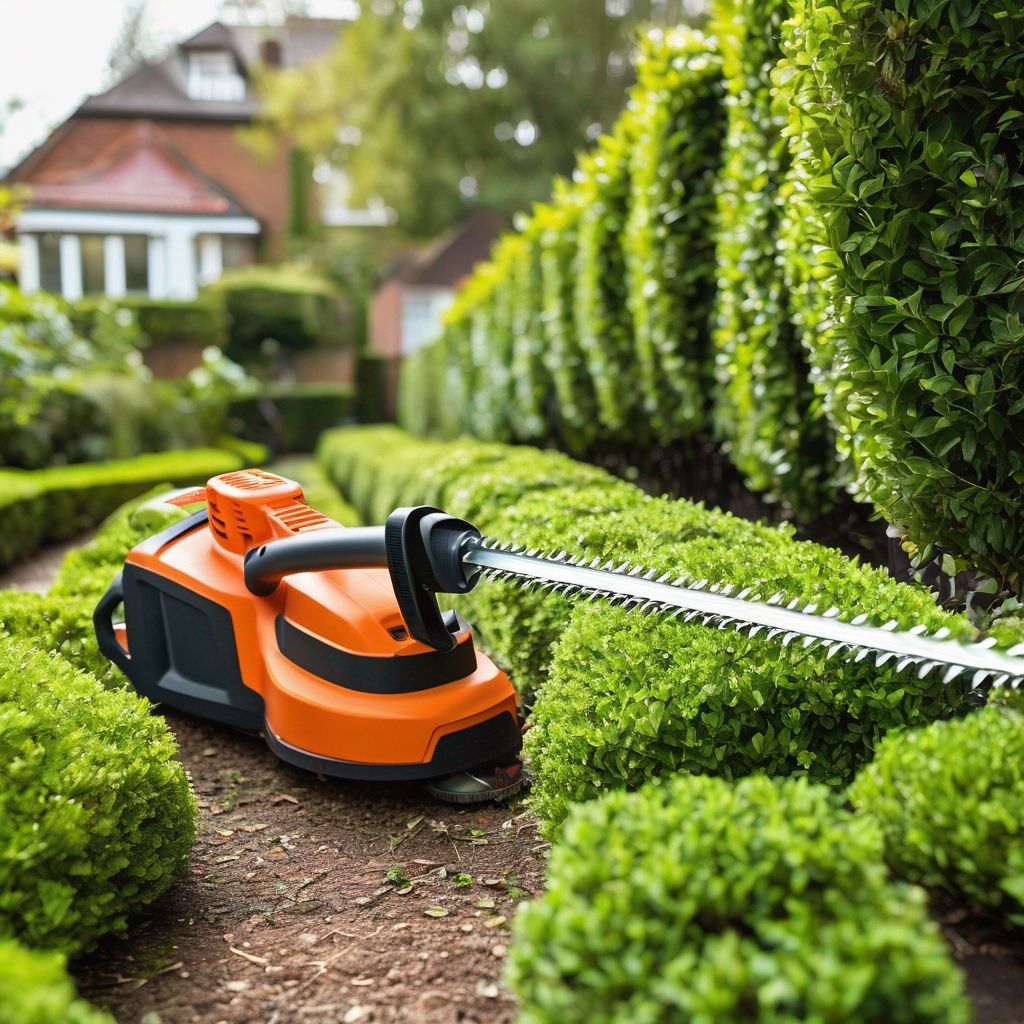 battery-powered hedge trimmer in a garden