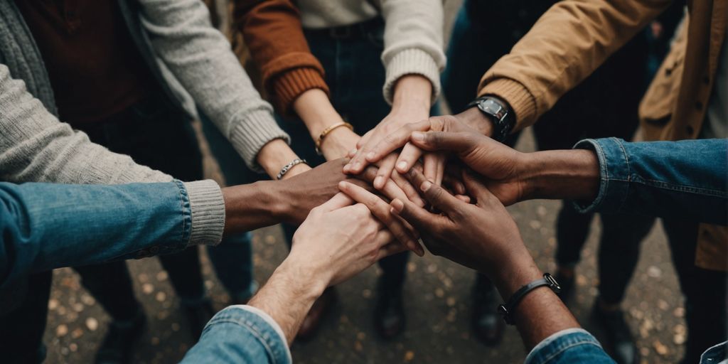 Diverse group holding hands, symbolizing polyamory and unity.
