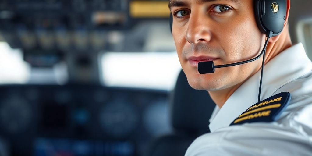 Airline pilot in uniform, cockpit background.