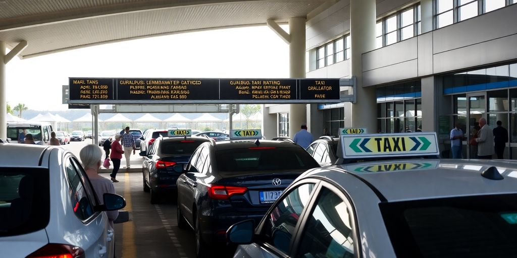 Guarulhos Airport taxi queue and waiting passengers.