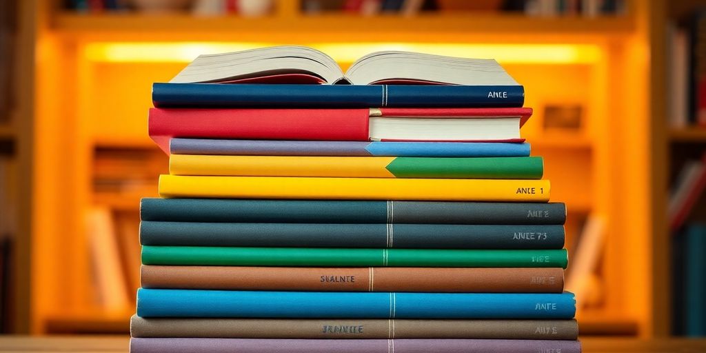 Colorful stack of books in a cozy reading nook.