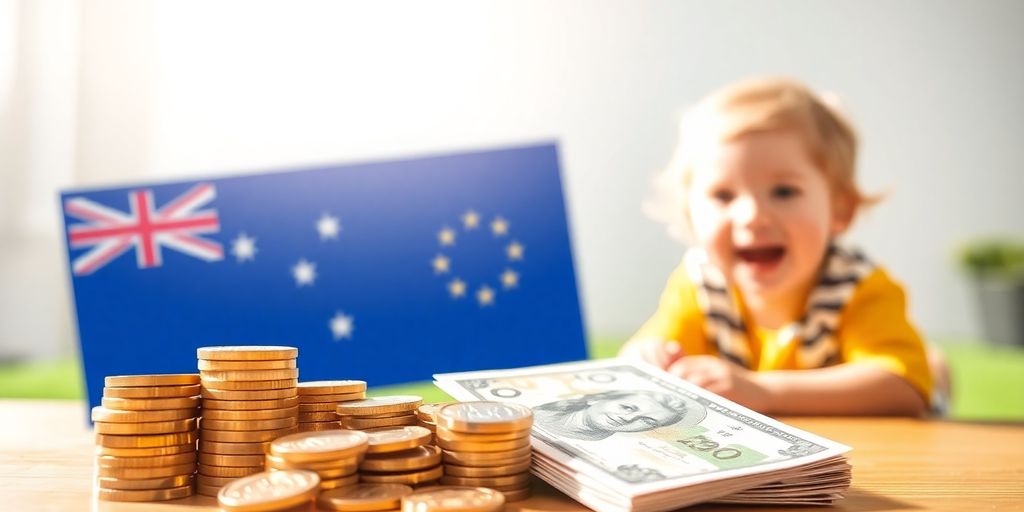 Family budget with Australian coins and a smiling child.