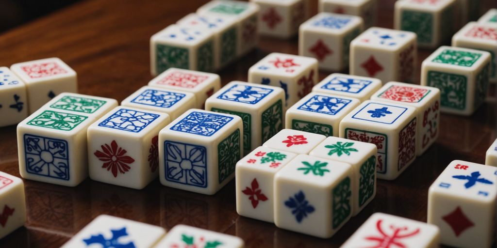 Different types of Mahjong tiles displayed on a table.