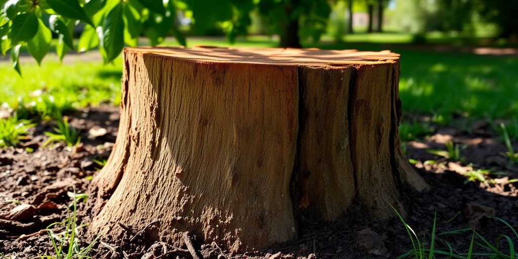 Close-up of a freshly cut tree stump.