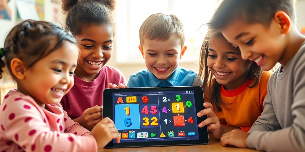 Children playing math games on a tablet.
