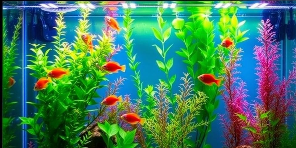 Acuario colorido con iluminación LED y peces nadando.