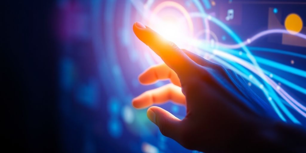 Human hand touching digital content, artificial intelligence light.