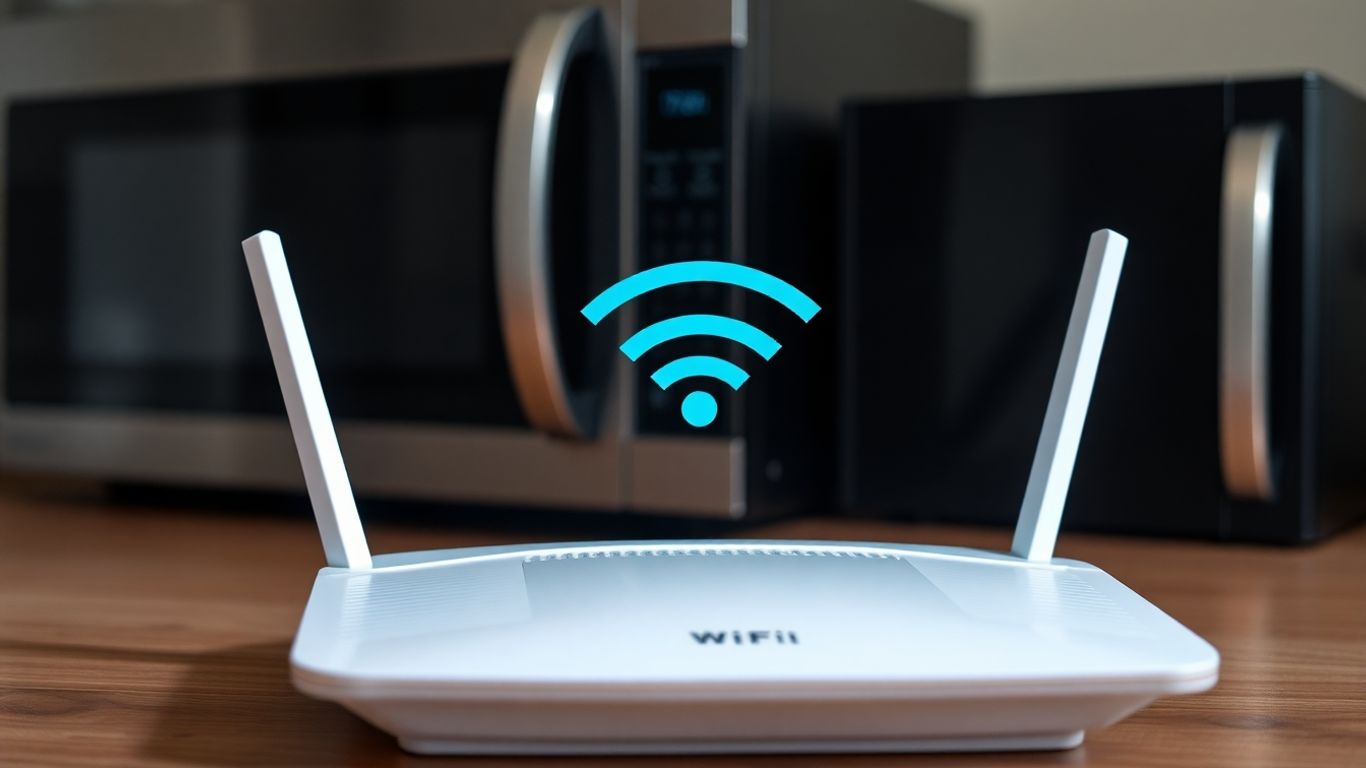 Roteador WiFi e micro-ondas próximos em uma cozinha moderna.