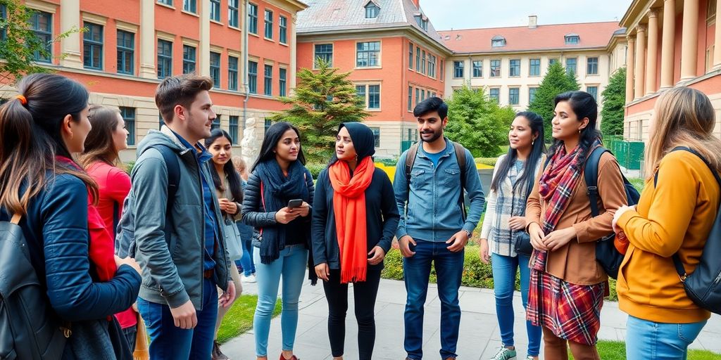 International students discussing on a Swedish university campus.