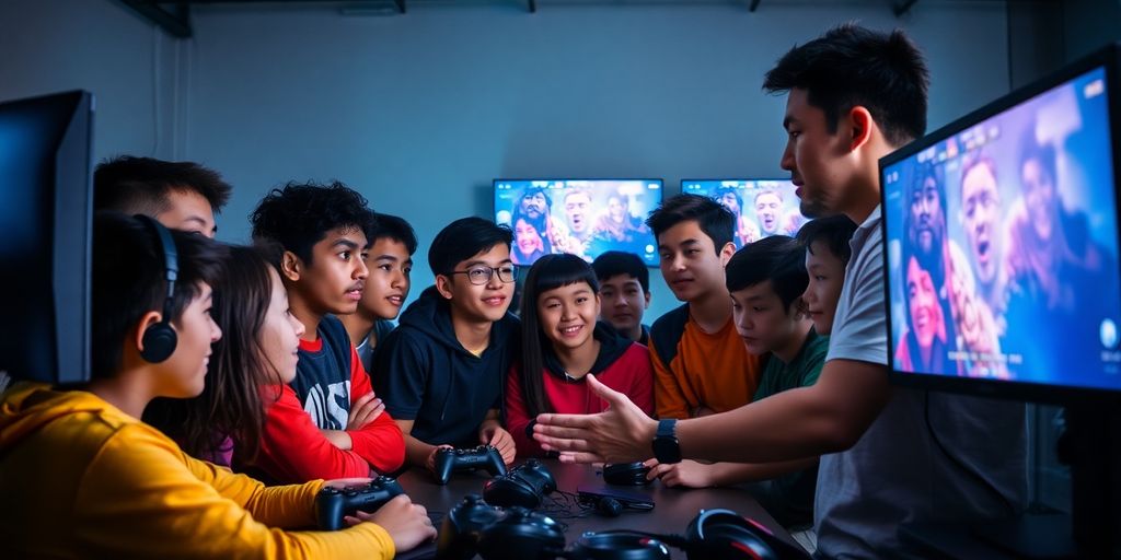 Esports coach guiding young gamers.