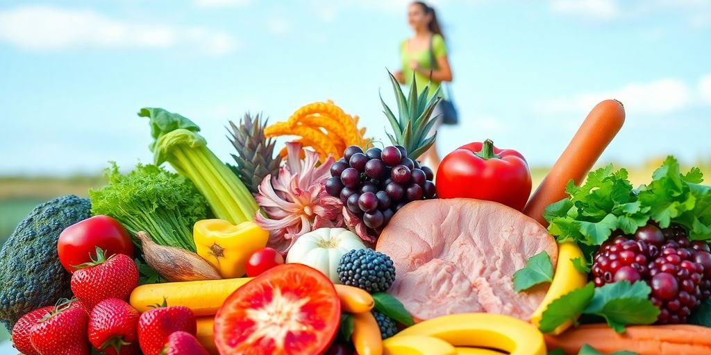 Heart-healthy foods and active person.