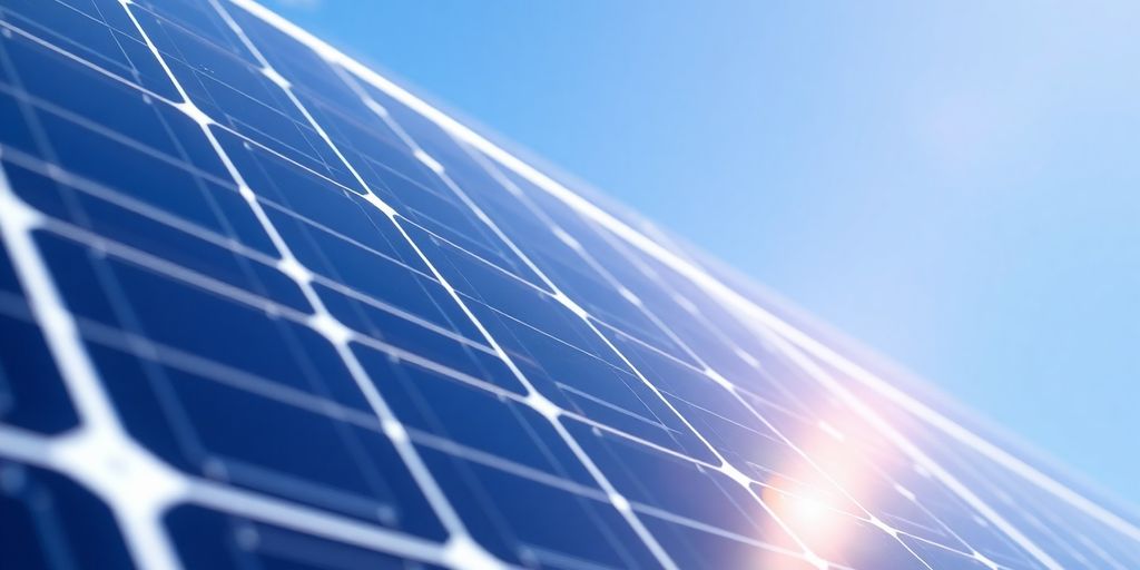 Close-up of a solar panel against a blue sky.