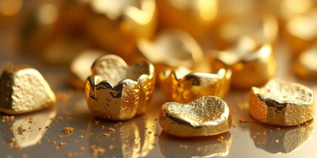 Une image de pièces d'or dentaire brillantes.
