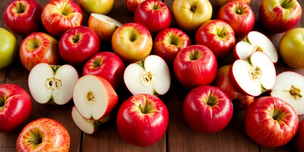 Red and green apples, whole and sliced, on wooden surface.