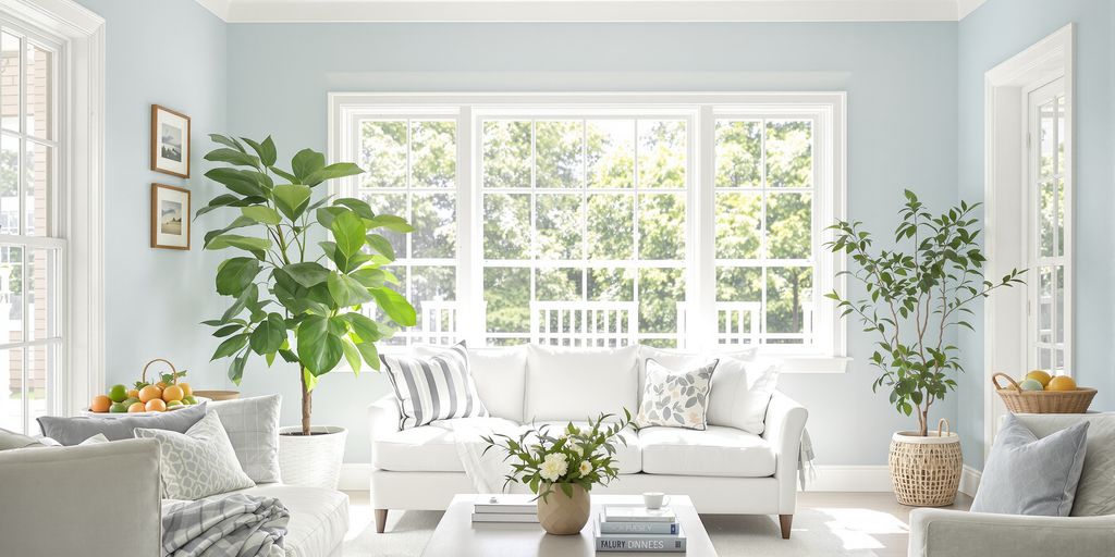 Bright, airy room with pastel blue walls and white trim.