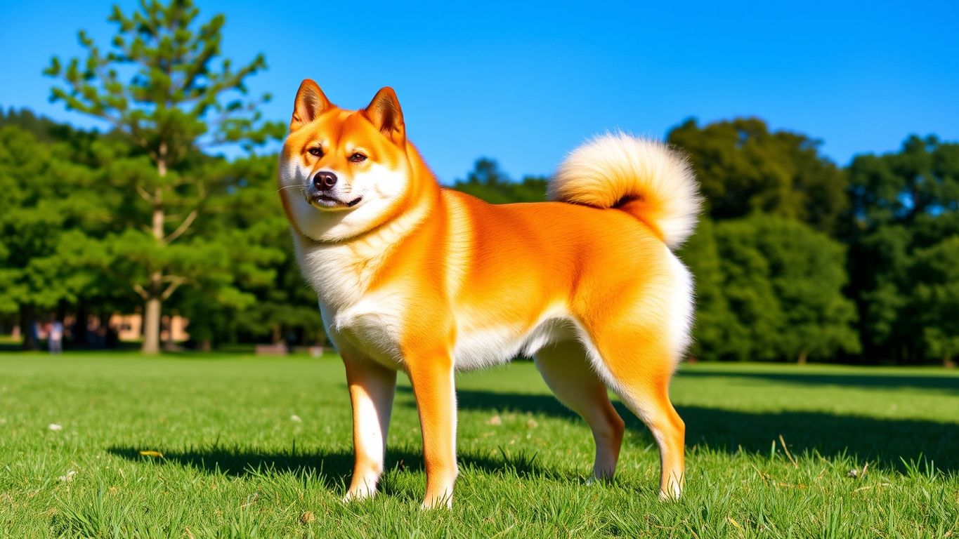 Shiba Inu in a park with vibrant orange coat.
