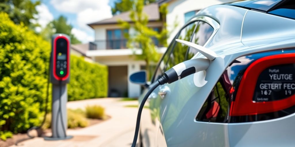 Electric vehicle charging at home with a modern house.
