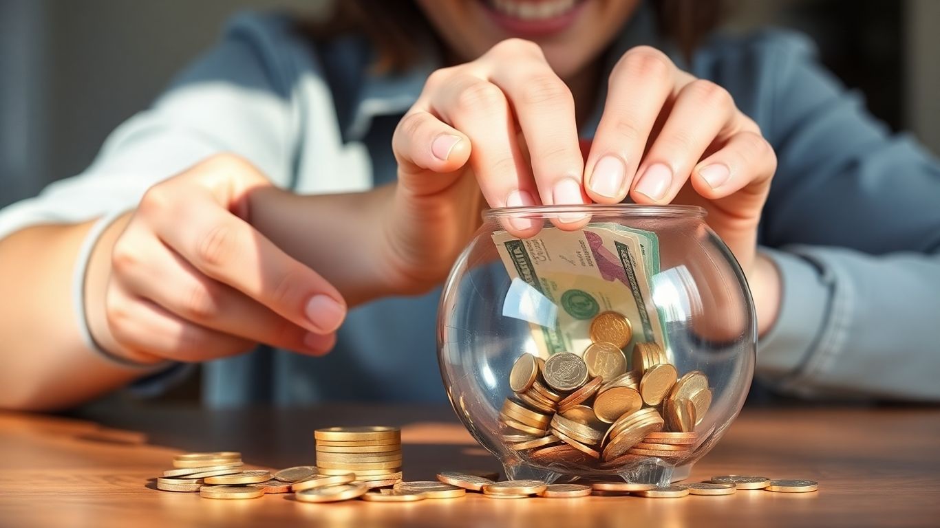Person organising coins and bills into a piggy bank.