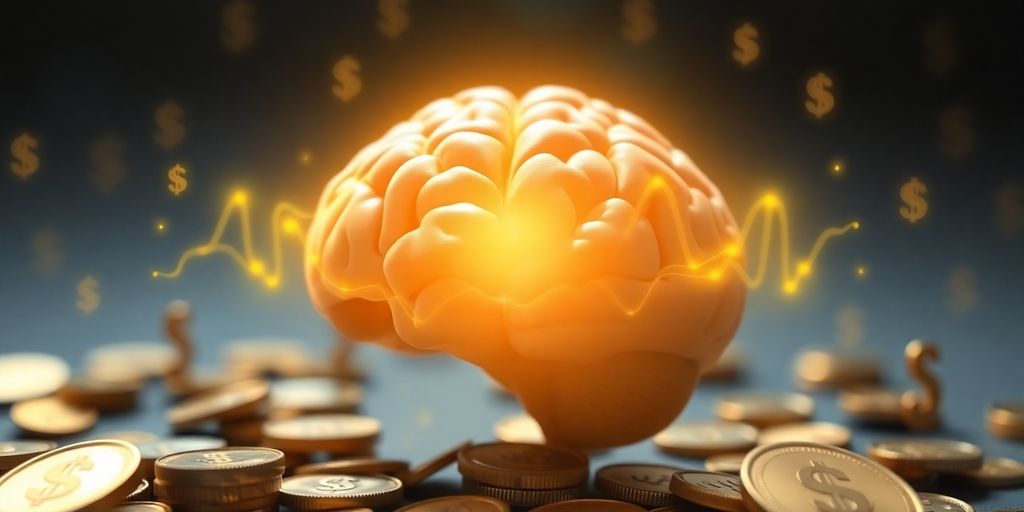Brain with theta waves and symbols of wealth.