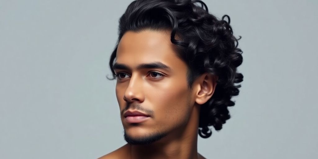 Man with curly hair, sophisticated, clean, soft lighting.