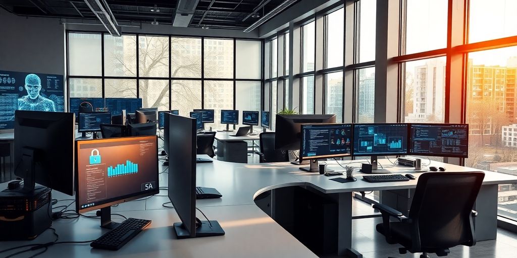 Modern cybersecurity office with high-tech workstations and screens.