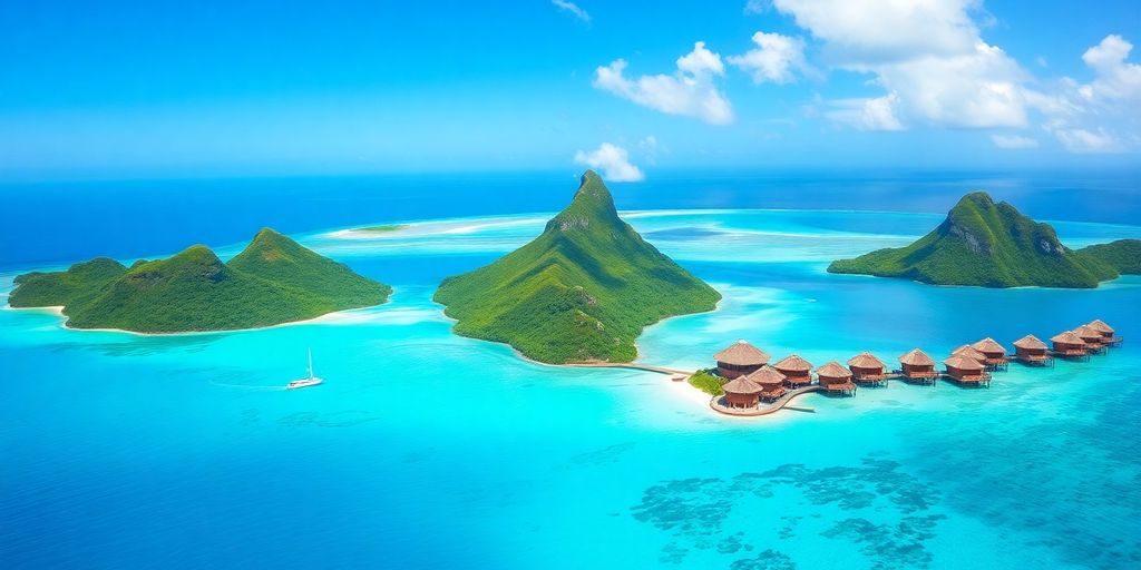 Overwater bungalows in turquoise lagoon, Austral Islands.